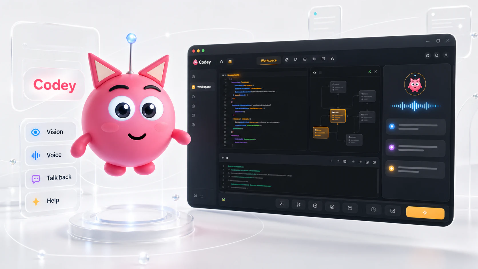 Codey pet showcase with vision, voice, talk back, help, and UltraCodey app abilities