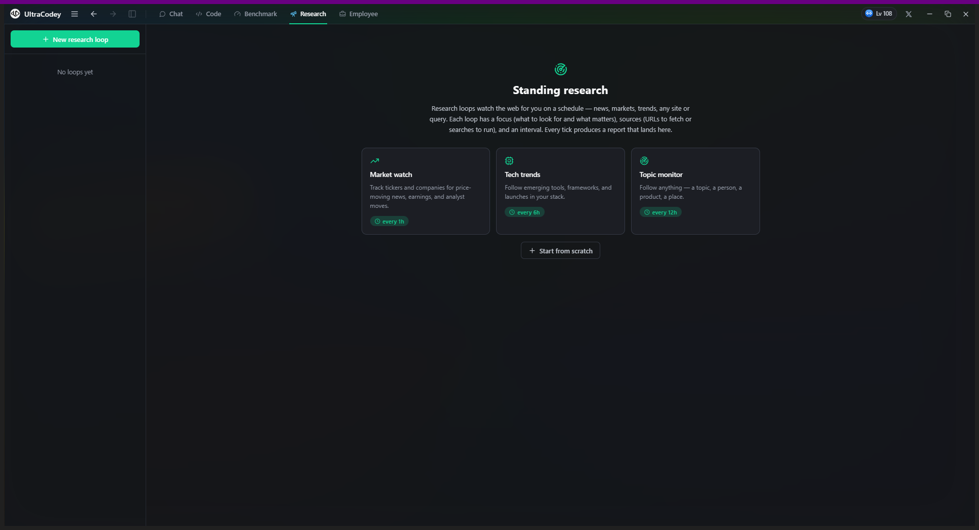 The Research surface with loop templates